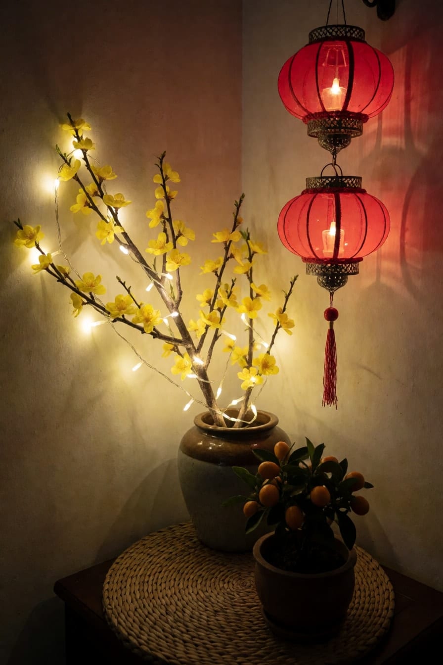 Góc Tết buổi tối với cành mai vàng trong chum gốm quấn dây đèn đom đóm ánh vàng, hai đèn lồng đỏ sáng dịu, chiếu cói và chậu quất bên dưới, đèn phòng đã tắt