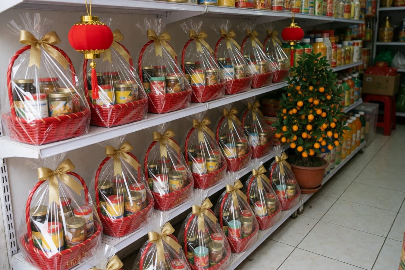 Kệ cửa hàng tạp hóa xếp đầy giỏ quà Tết đỏ bọc giấy bóng kính thắt nơ vàng, chậu quất ở đầu kệ và hai đèn lồng nhỏ