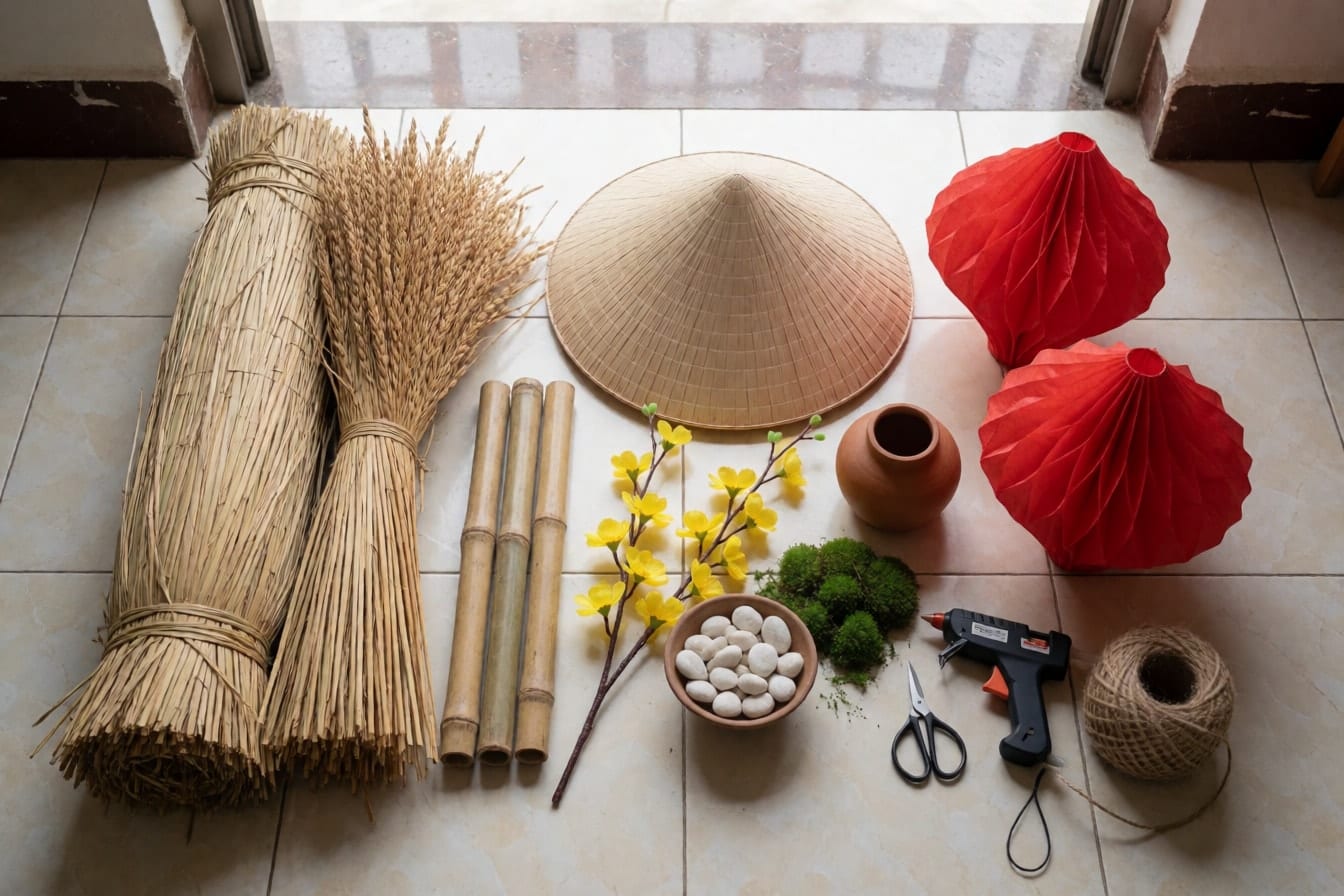 Đồ làm tiểu cảnh bày trên sàn gạch nhìn từ trên xuống: chiếu cói cuộn, bó rơm, ba khúc tre, nón lá, đèn lồng đỏ gấp, cành mai giả, hũ đất, rêu, bát sỏi trắng, súng bắn keo và cuộn dây đay