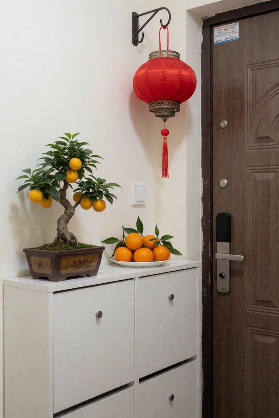 Tủ giày trắng ở lối vào căn hộ, trên nóc là chậu mai bonsai men bóng và đĩa quýt còn lá, một đèn lồng đỏ treo trên móc tường, cửa chính hé thấy một phần