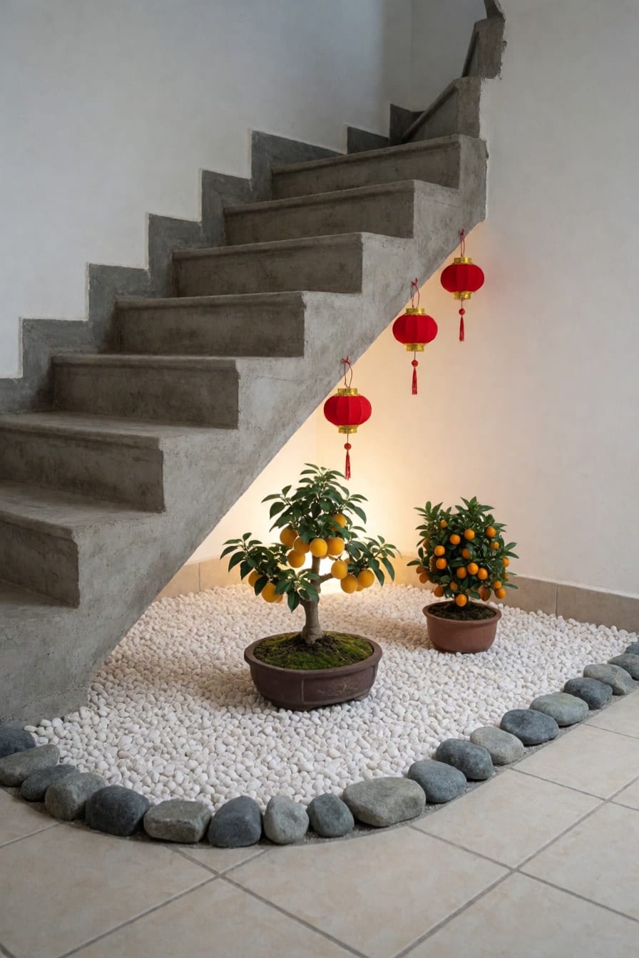 Gầm cầu thang bê tông nhà ống lót sỏi trắng viền đá xám, mai bonsai trong chậu gốm thấp, chậu quất bên cạnh, ba đèn lồng đỏ treo dưới bậc và ánh đèn vàng phía sau