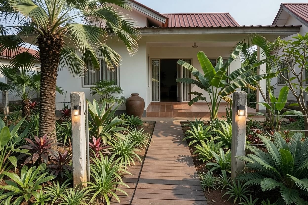 หน้าบ้านต่างจังหวัดหลังเดิมจัดเป็นสวนทรอปิคอล มีปาล์ม ไม้ใบใหญ่หลายชั้น และทางเดินหินไปถึงชานบ้าน