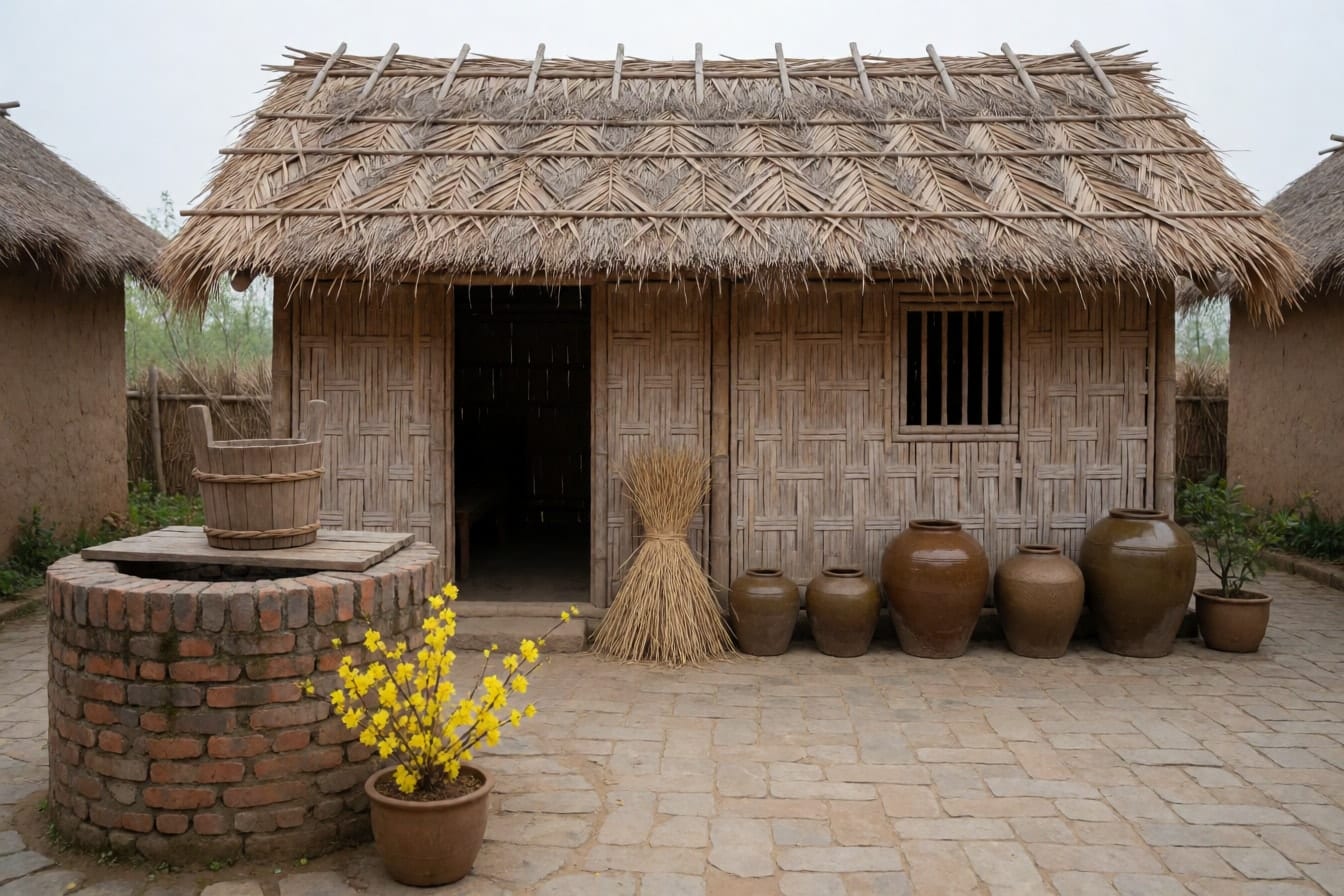 Tiểu cảnh làng quê trên sân lát gạch với chòi lá vách tre, giếng gạch tròn có gàu gỗ, hàng chum sành nâu, đống rơm nhỏ và chậu mai vàng