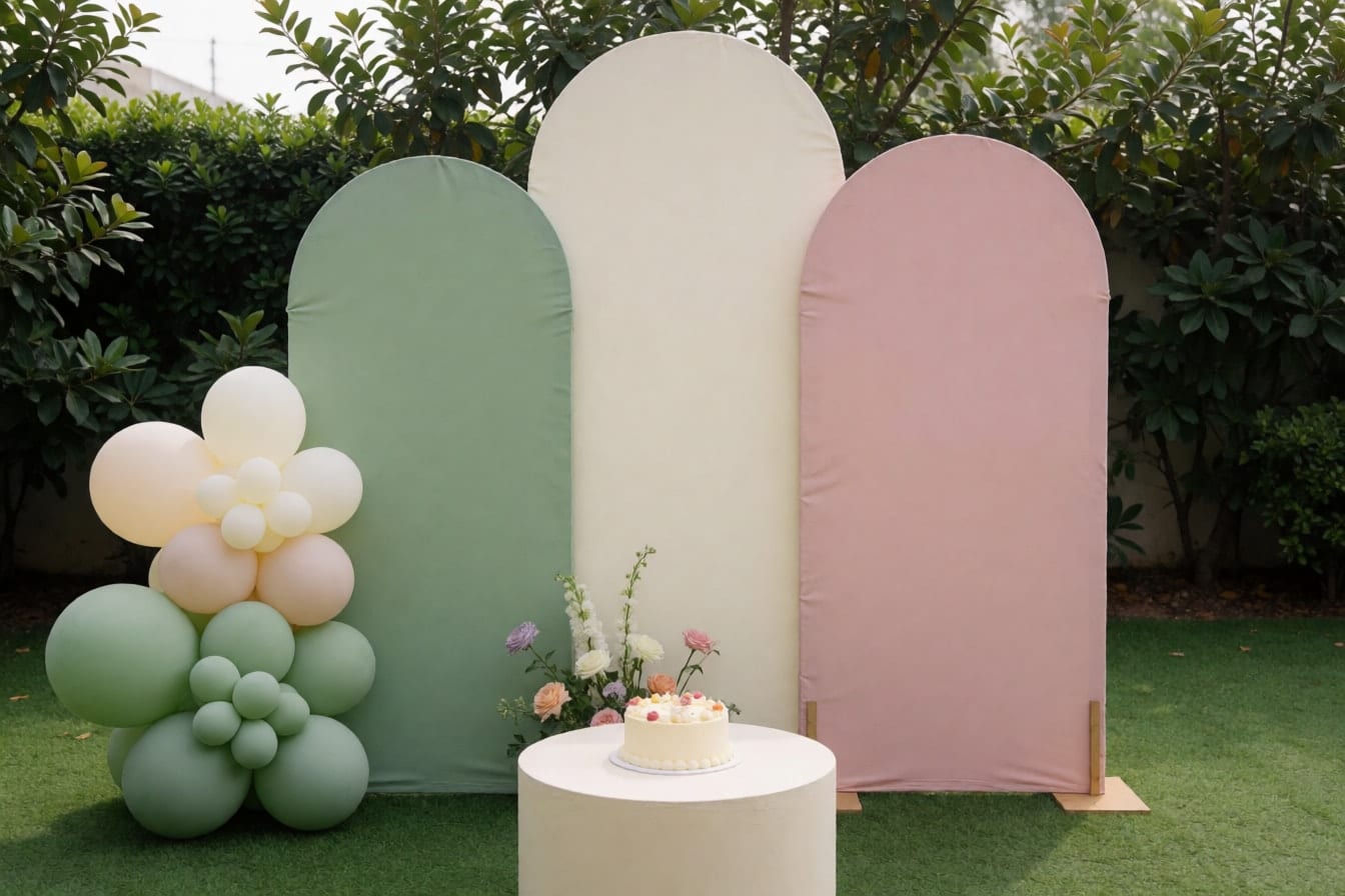 Tatlong arch panel na sage green, cream at dusty pink sa artificial grass, may mga lobo, bulaklak at cake sa bilog na plinth