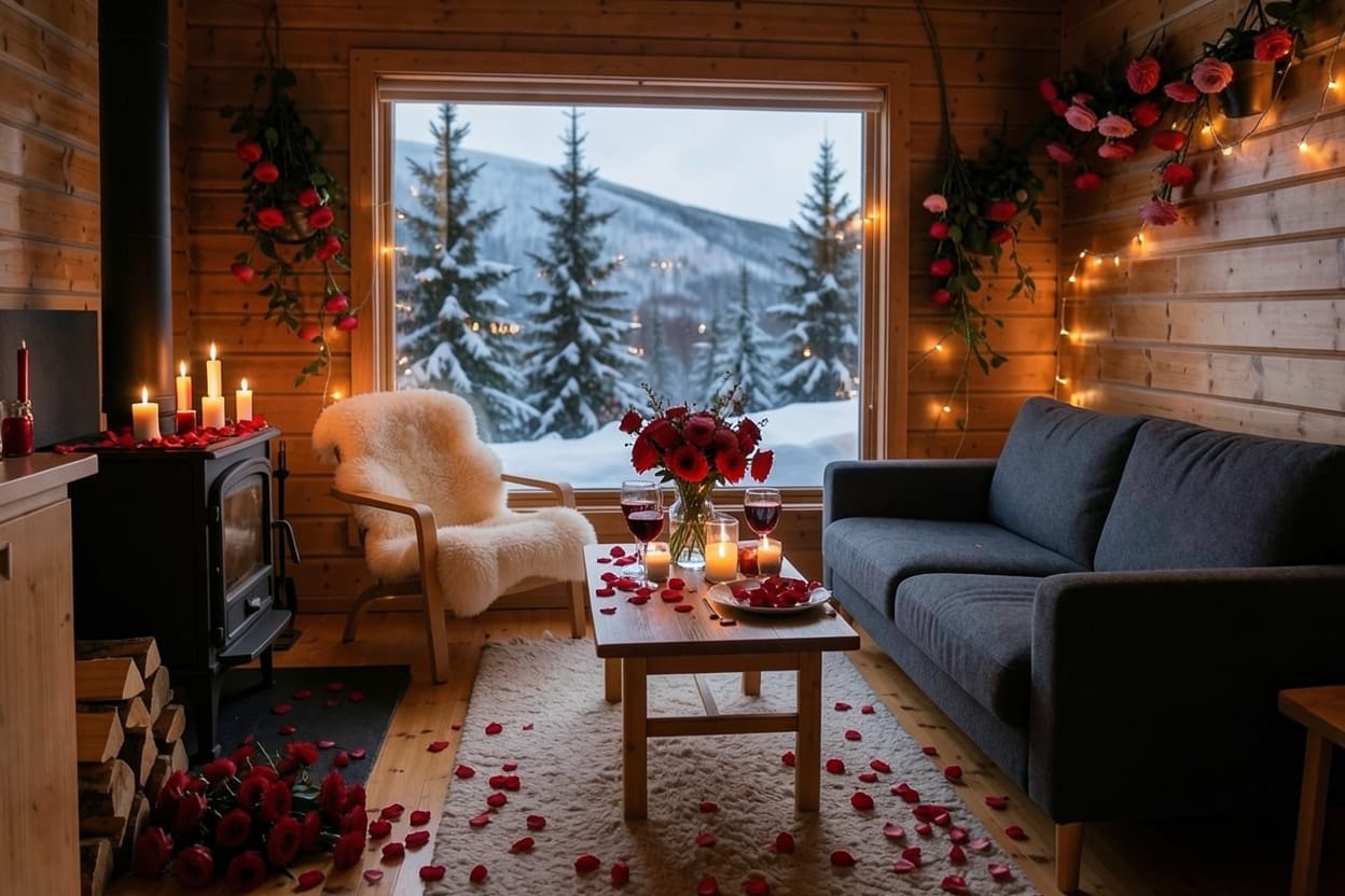 The pine living room of a holiday cabin in snowy Norway, decorated with the Valentine's Day theme.