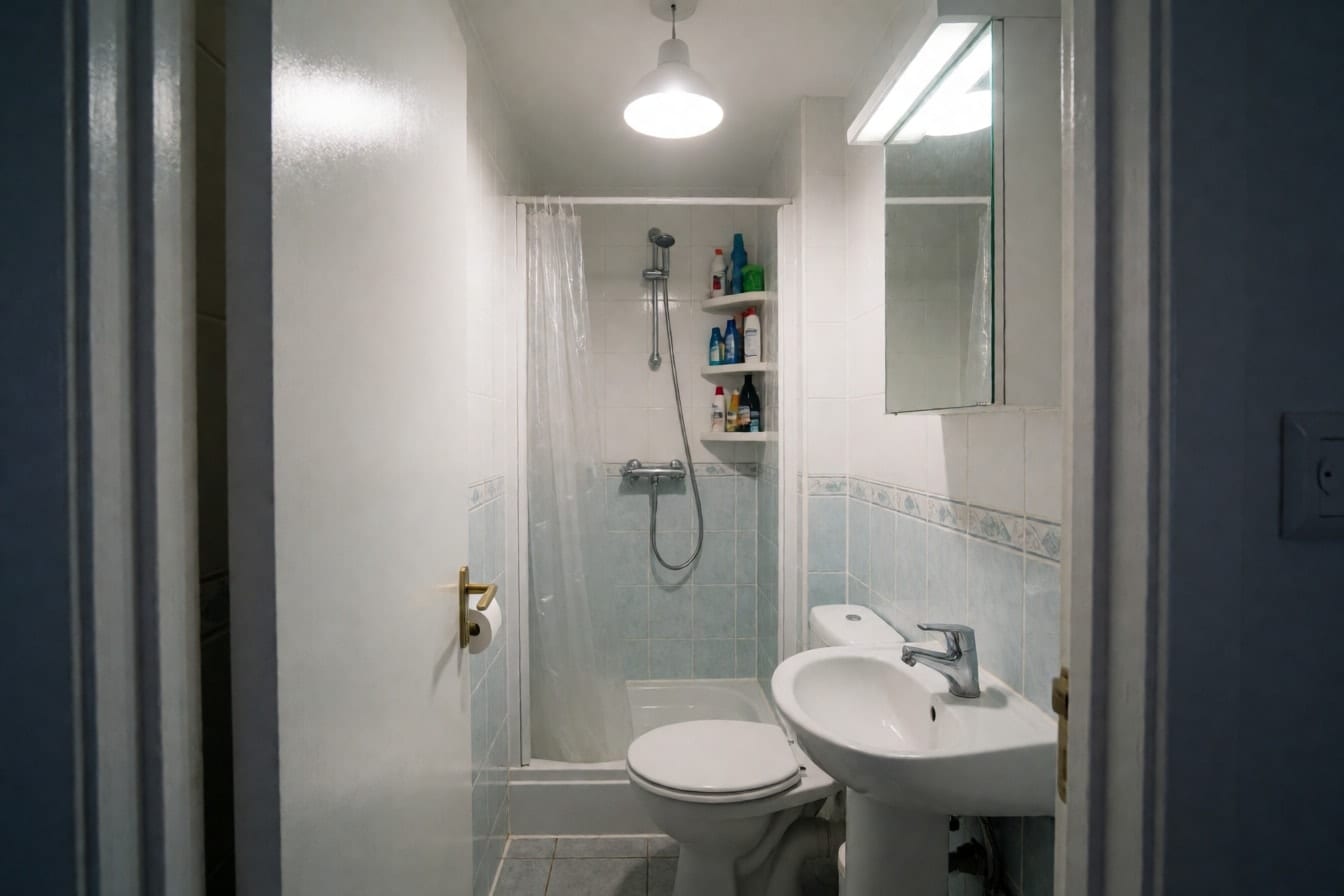 Banheiro minúsculo com cortina plástica no chuveiro, lavatório de coluna, armário de espelho e azulejos brancos e azul-claros com faixa
