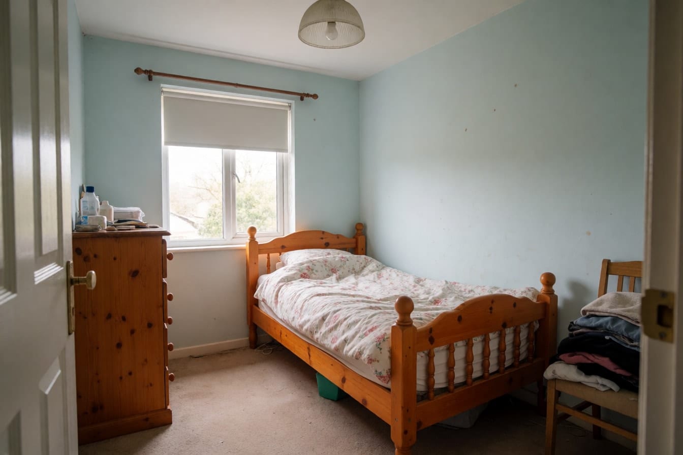 Een kleine slaapkamer met een oranje grenen bed, een gebloemd dekbed, lichtblauwe muren en een stoel vol kleren