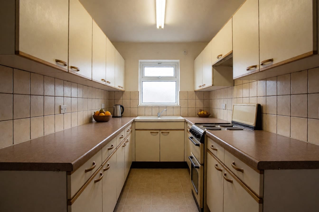 A dated galley kitchen with cream laminate cabinets, beige tiles and a speckled brown counter