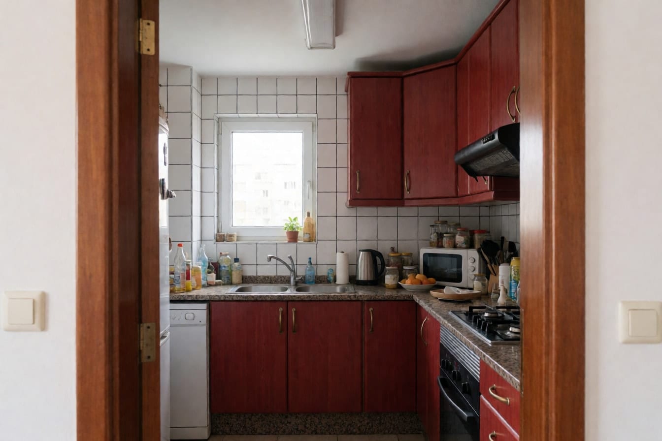 Bếp cũ với tủ laminate màu gỗ anh đào, mặt đá granite đầy đồ, gạch ốp ron đen và cửa sổ nhỏ trên bồn rửa