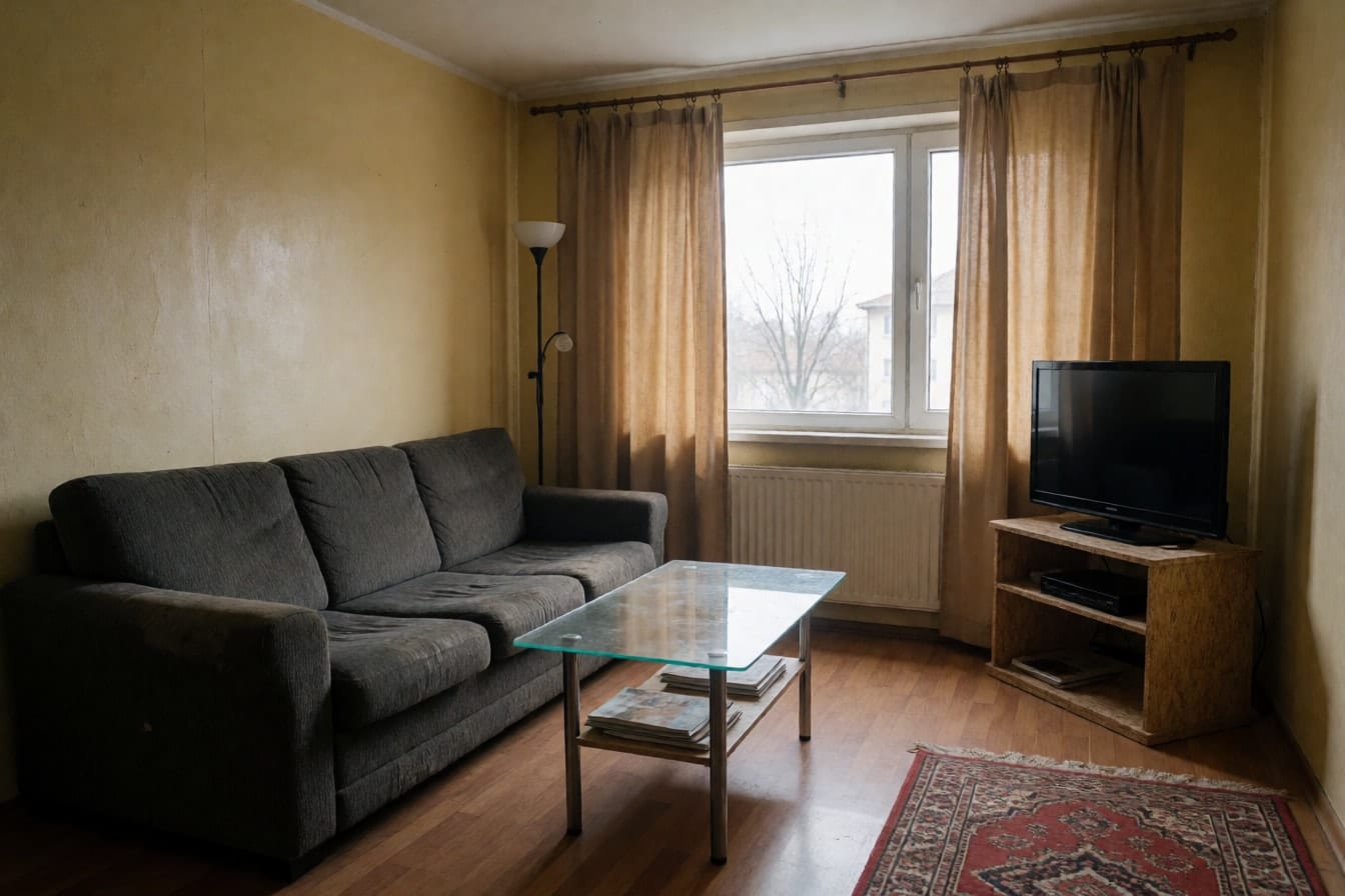 A cluttered living room with a worn gray sofa, a glass coffee table and heavy beige curtains