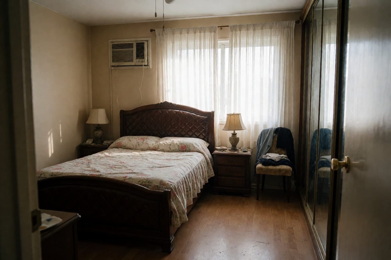 Camera matrimoniale con letto in legno scuro, copriletto a fiori, armadio a specchio e condizionatore sopra la finestra