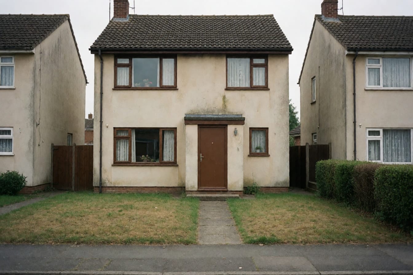 Fachada de una casa de dos plantas de los ochenta con revoco beige desgastado, carpintería marrón y tejado oscuro