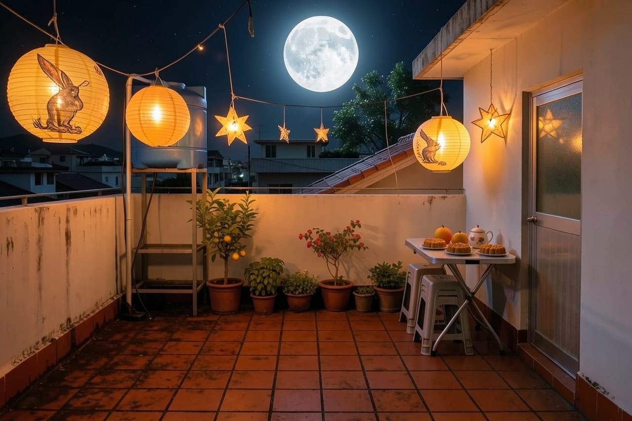 The rooftop terrace of a townhouse, with its potted plants and water tank, decorated outdoors for Mid-Autumn.