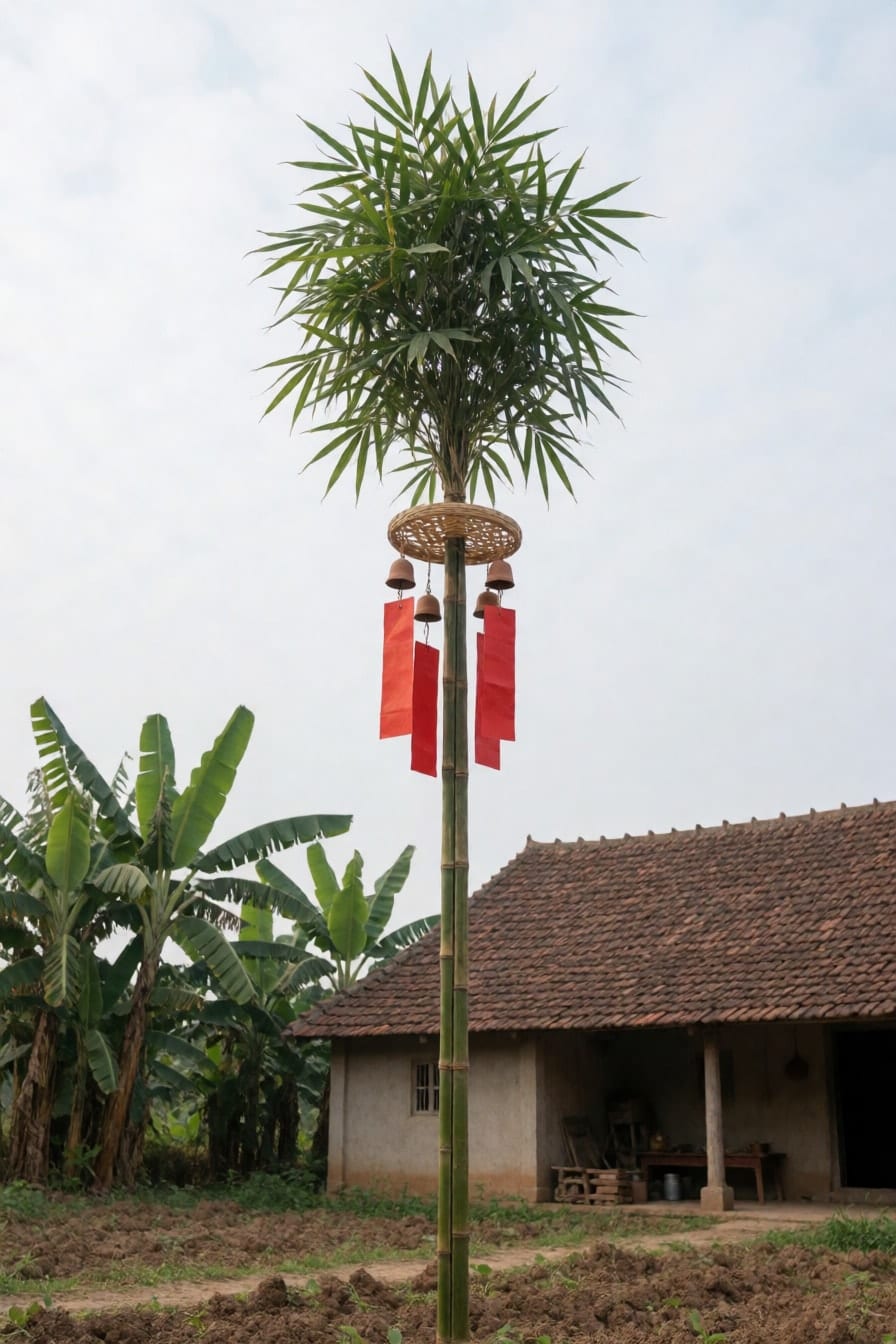Cây nêu bằng tre cao giữa sân đất, ngọn còn lá, treo vòng tre, khánh đất nung và dải giấy đỏ, nhà mái ngói và bụi chuối phía sau
