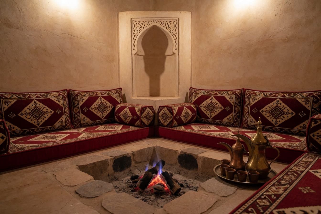 مشب تراثي بموقد حجري في الأرض ومساند حمراء وكريمية ودلال قهوة نحاسية وتجويف جبس في الجدار