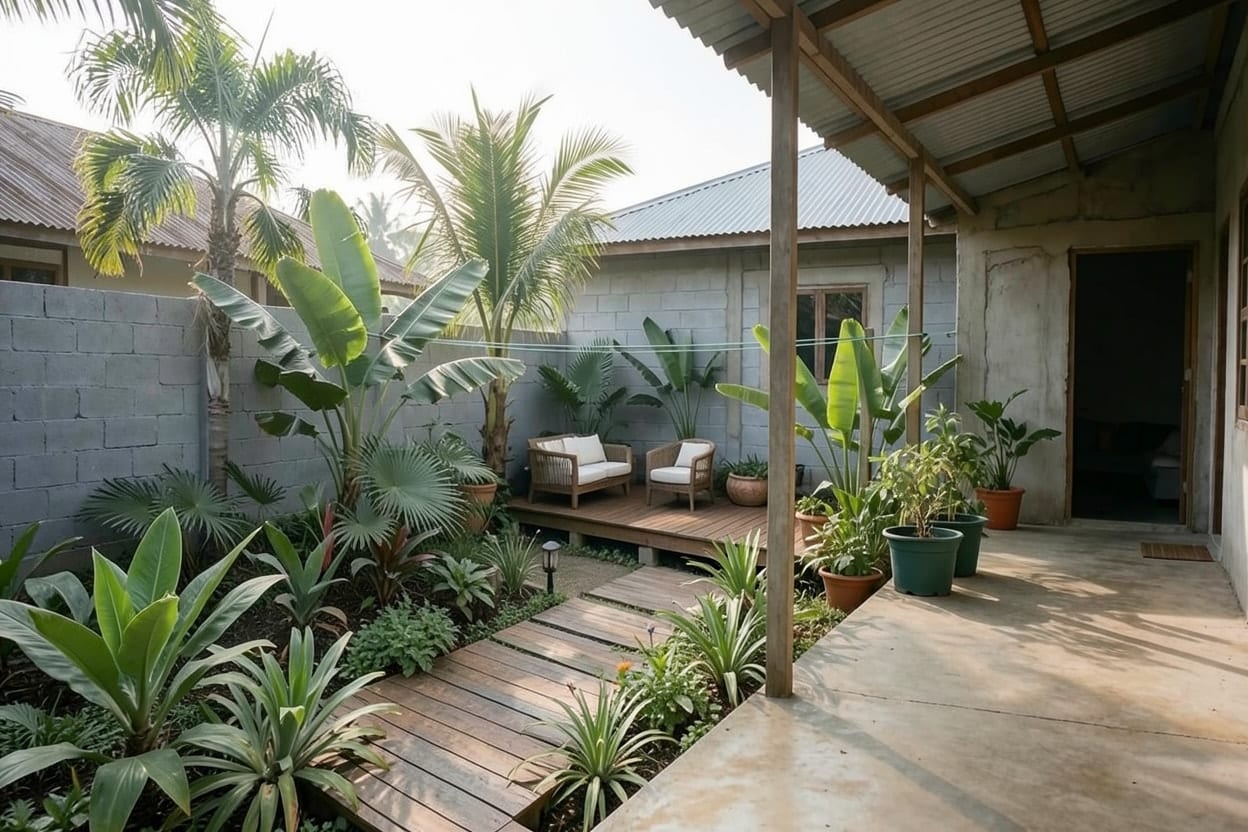 A bare backyard in a tropical town, redesigned as a Tropical garden.