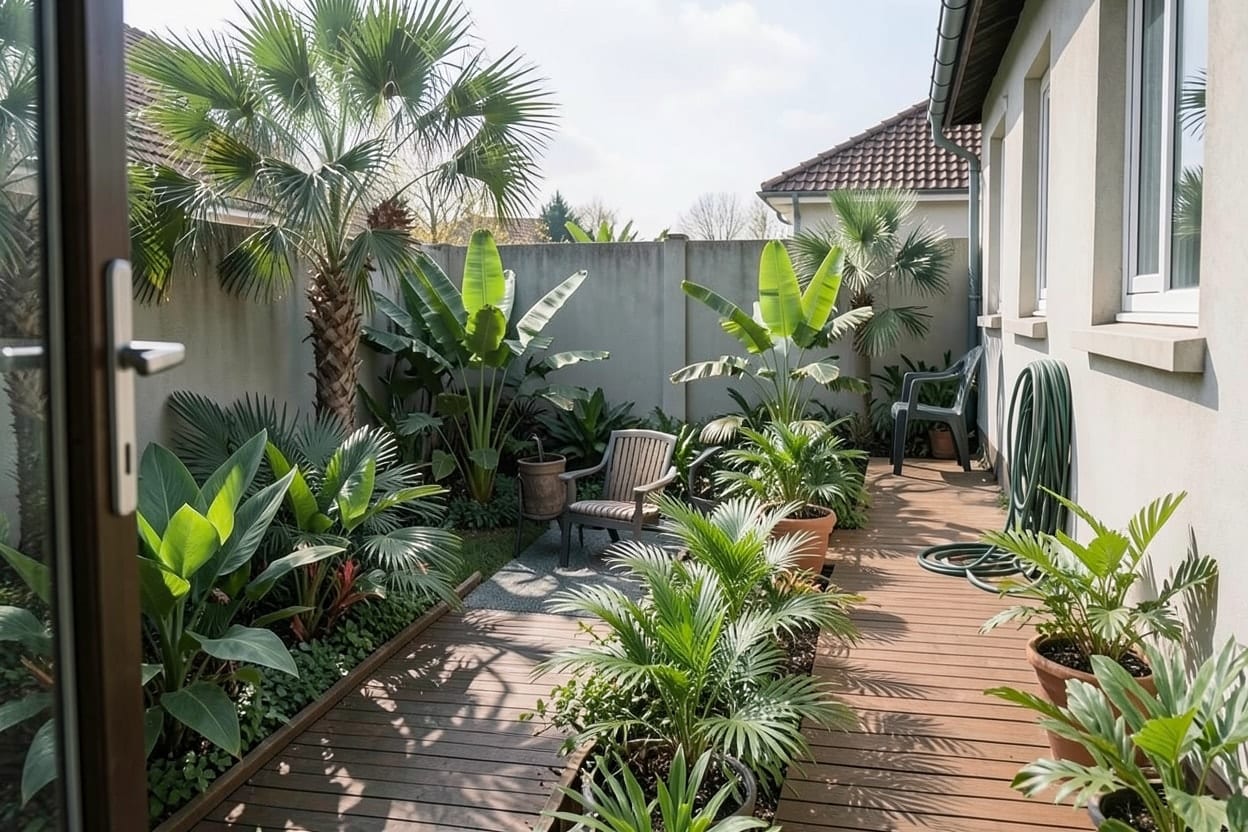 Lo stesso cortile trasformato in giardino tropicale con piante a foglia larga, vialetto e sedute