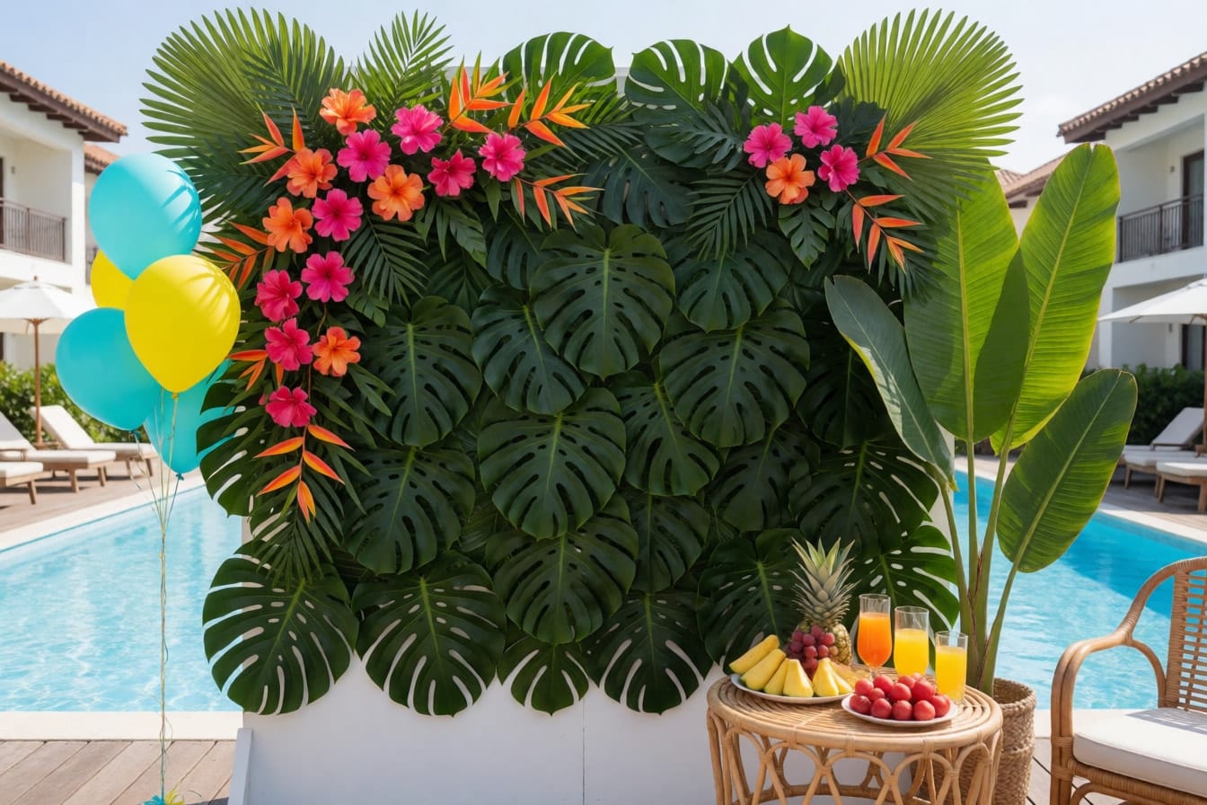 Backdrop ng monstera, palm at dahon ng saging na may pink at orange na bulaklak at dilaw at turquoise na lobo sa tabi ng pool