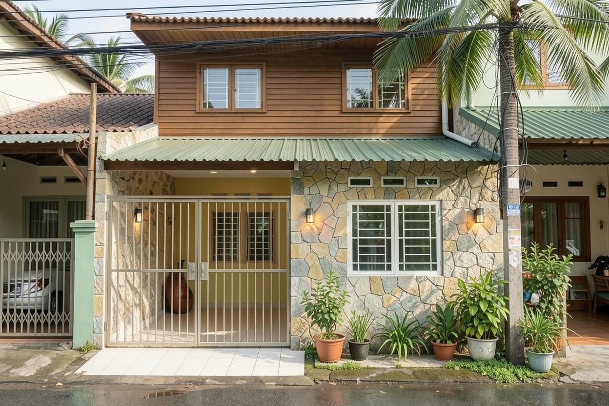 A small concrete house in a Southeast Asian city, restyled as Tropical with Fresh greens.