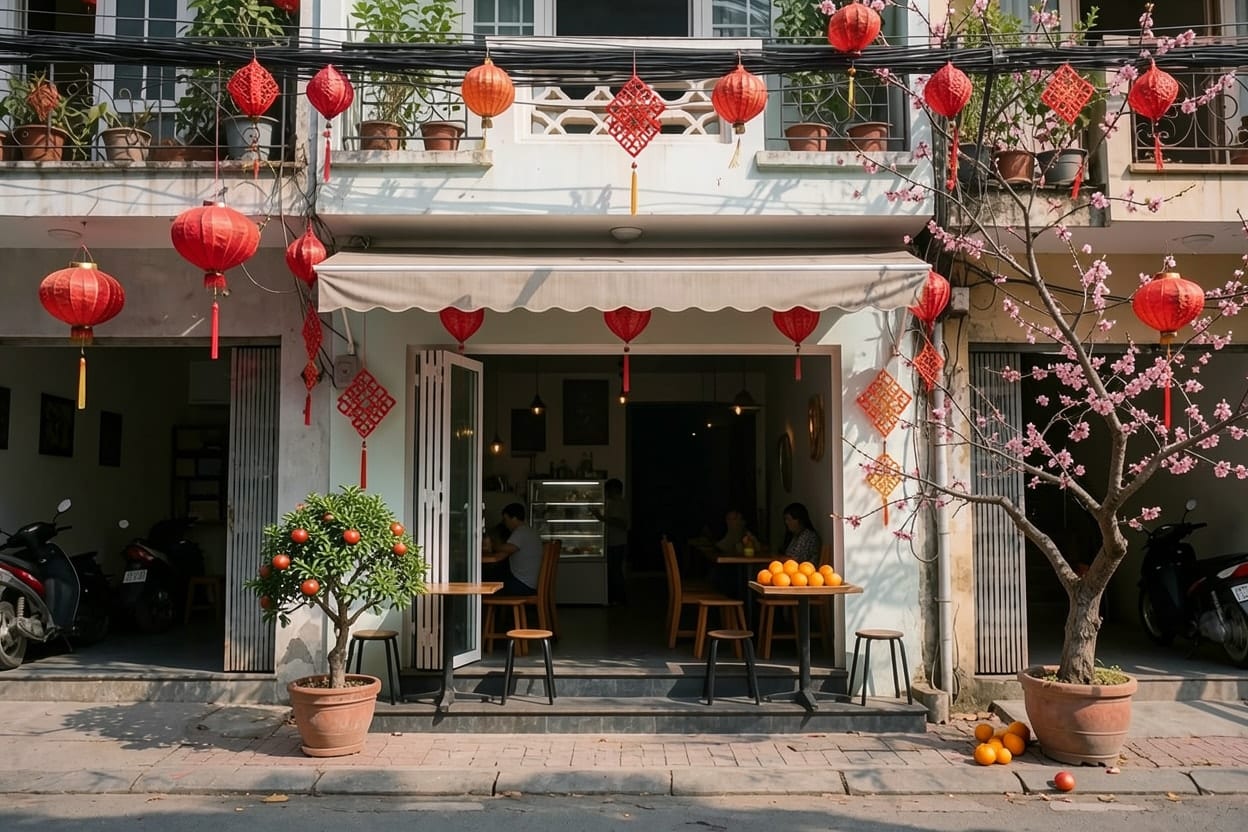 Mặt tiền quán cà phê nhà ống trang trí Tết với đèn lồng đỏ treo trên cửa và chậu cây ở lối vào