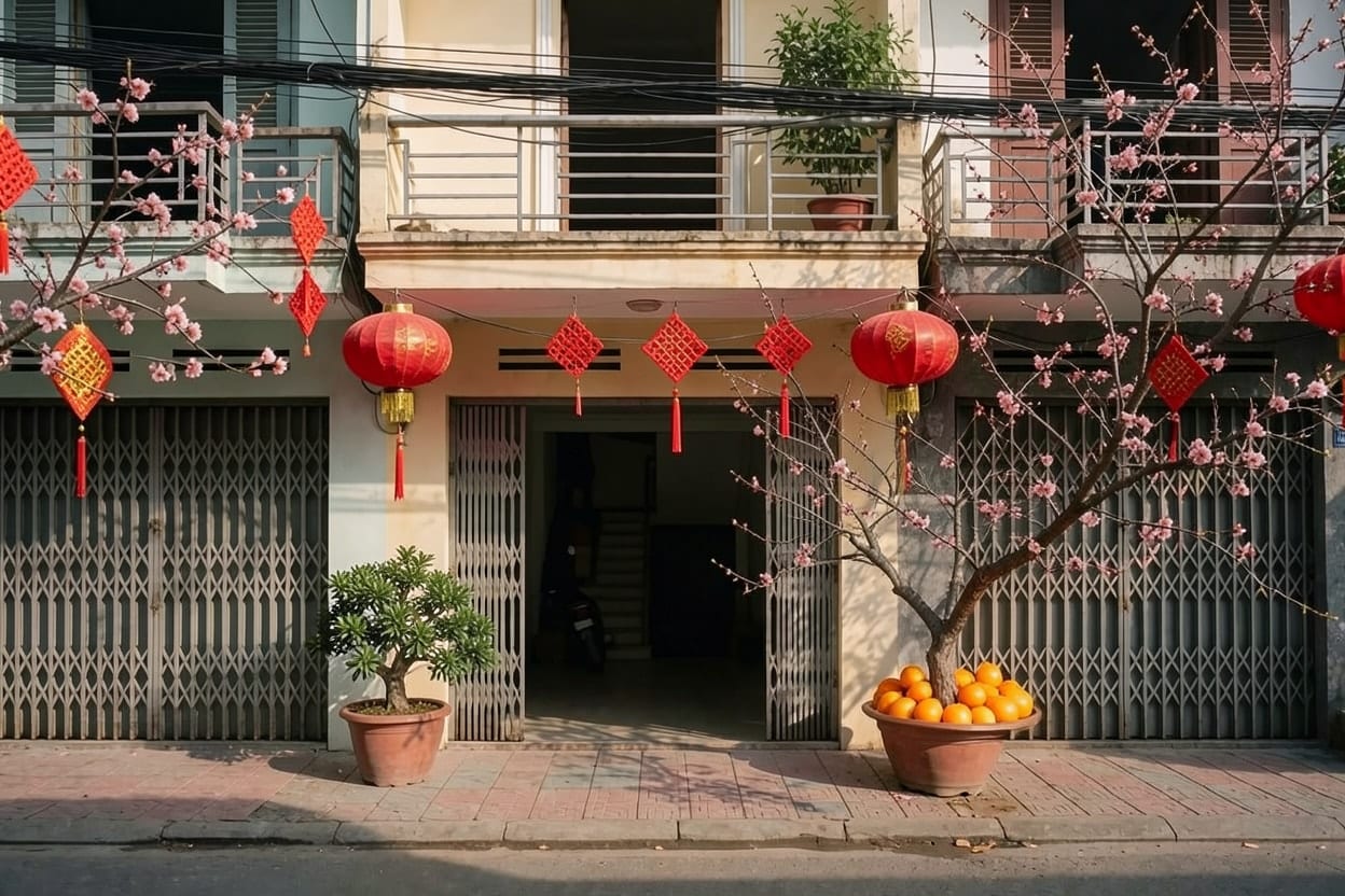 Mặt tiền nhà ống ấy trang trí Tết với đèn lồng đỏ treo trên cửa và chậu cây ở lối vào, kiến trúc giữ nguyên