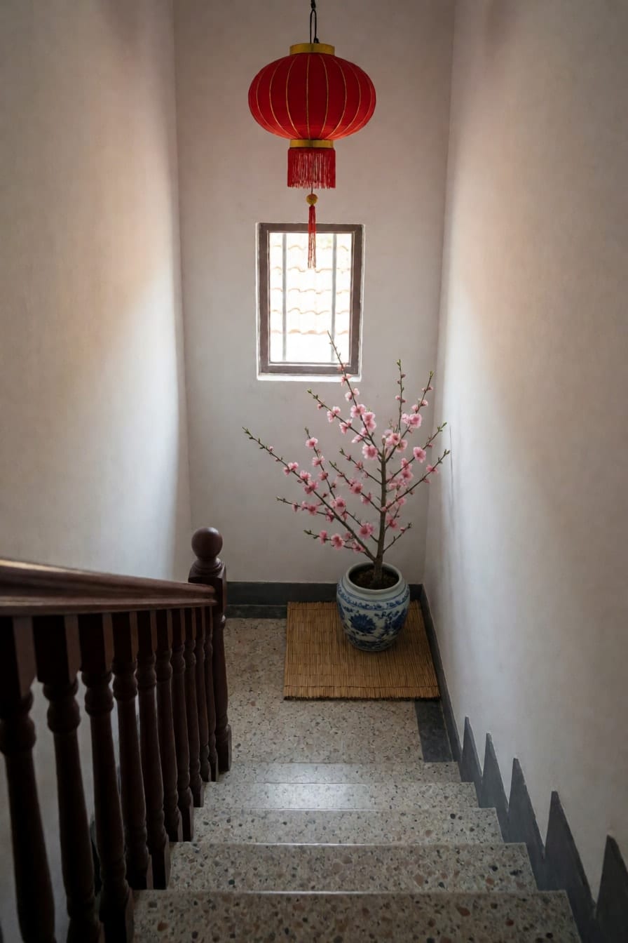 Chiếu nghỉ cầu thang nhà ống với bậc đá mài, tay vịn gỗ sẫm, cành đào nhỏ trong bình gốm xanh trắng trên chiếu cói và một đèn lồng đỏ treo phía trên