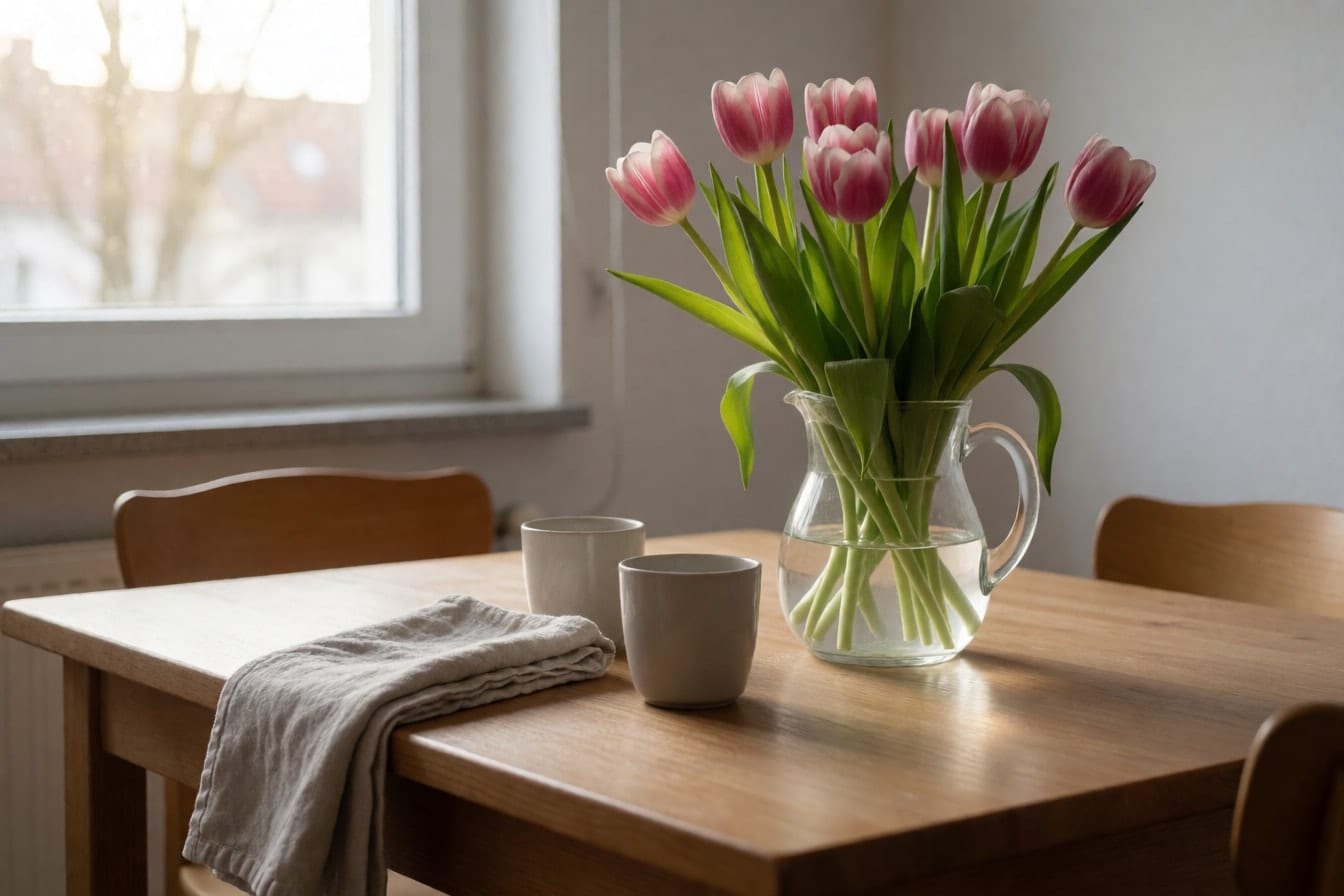 Glaskrug mit rosa und weißen Tulpen auf einem Holztisch in der Küche, daneben zwei Tassen