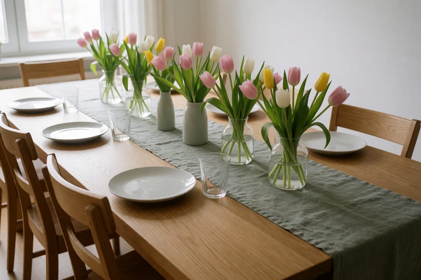Langer Eichentisch mit graugrünem Leinenläufer und rosa, weißen und gelben Tulpen in mehreren niedrigen Vasen