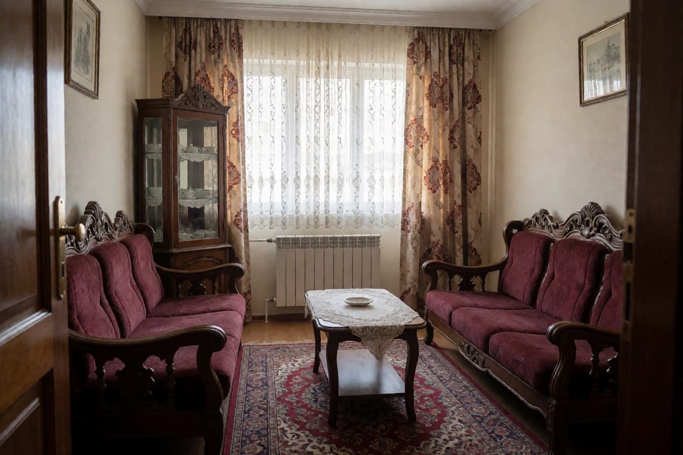 Şehir dairesinde eski usul bir salon: bordo döşemeli oymalı koltuk takımı, fincanlı vitrin, dantel örtülü sehpa ve ağır desenli perdeler