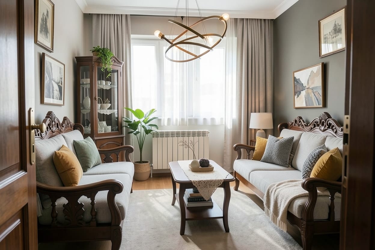 Aynı salon modern stilde: pencere ve duvarlar yerinde, açık tonlarda yeni kumaşlar, sade perdeler ve güncel aksesuarlar