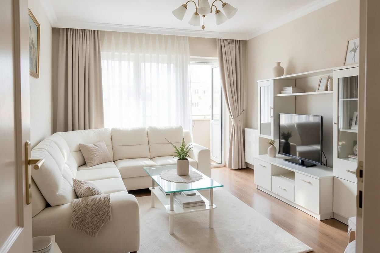 Minimalist stilde sade bir salon: sıcak beyaz duvarlar, açık renk kanepe, düz keten perde ve alçak TV ünitesi