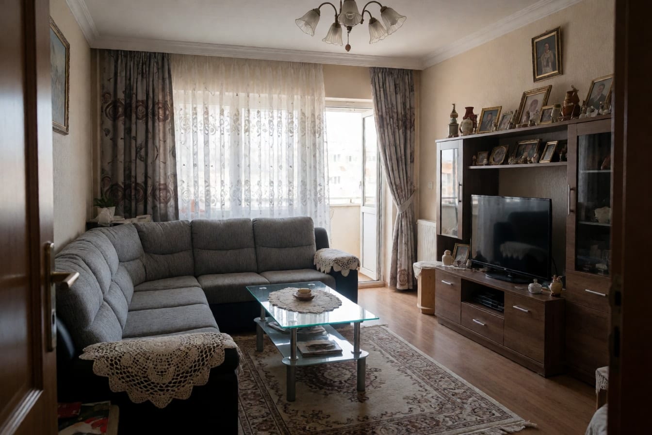 Gri köşe takımı, dantel örtüler, cam sehpa, biblolarla dolu koyu TV ünitesi ve tül perdeli kalabalık bir salon