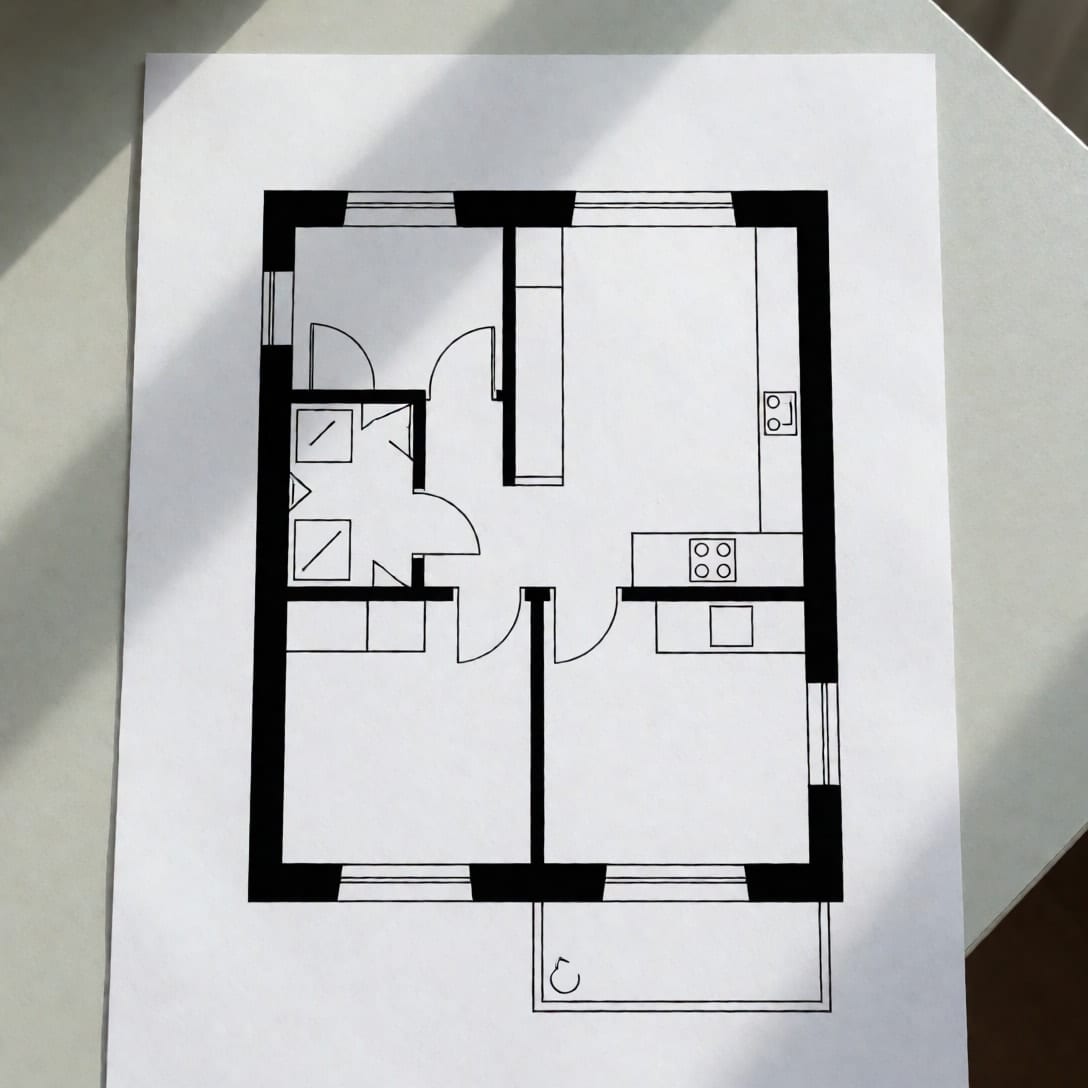Plano en blanco y negro de un piso de dos dormitorios impreso sobre papel