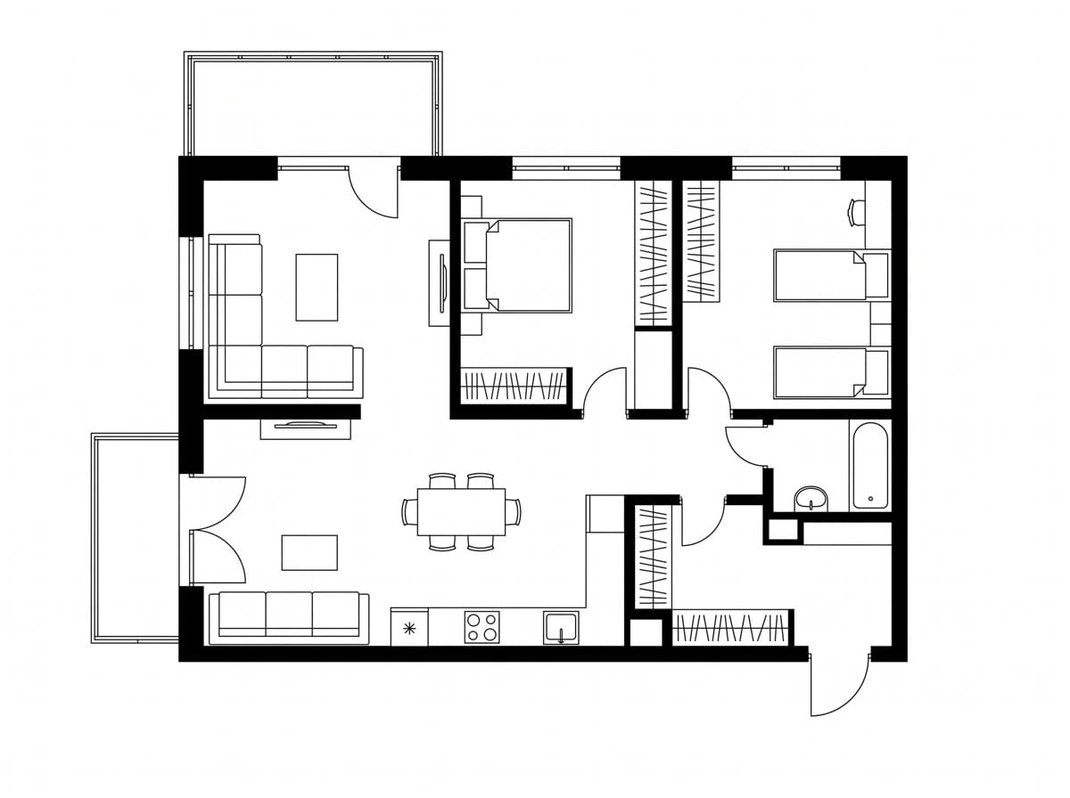A black and white floor plan of a two-bedroom apartment