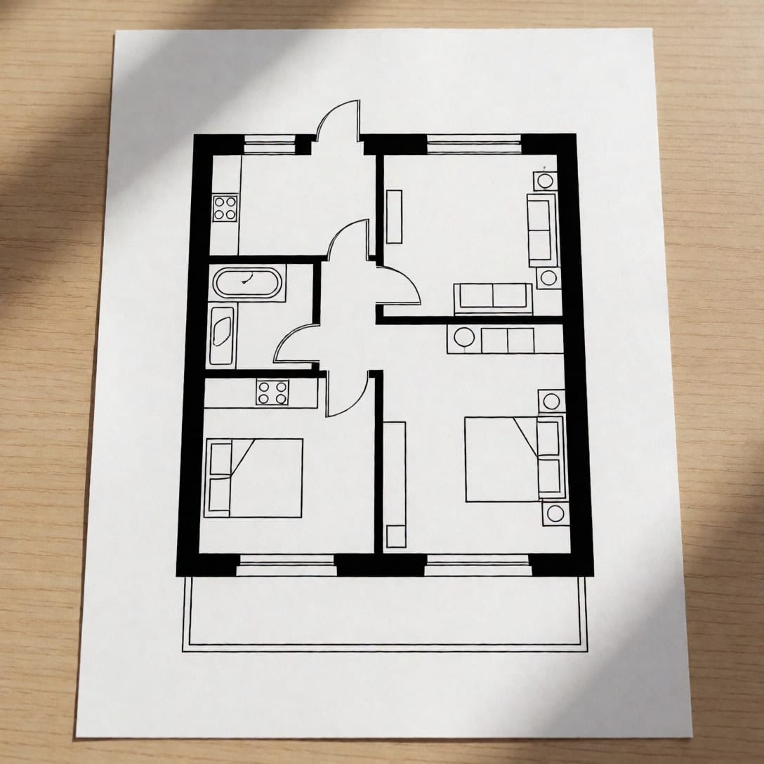 Plan 2D al unui apartament cu două camere, desenat cu linii negre pe hârtie albă, pe un birou de lemn