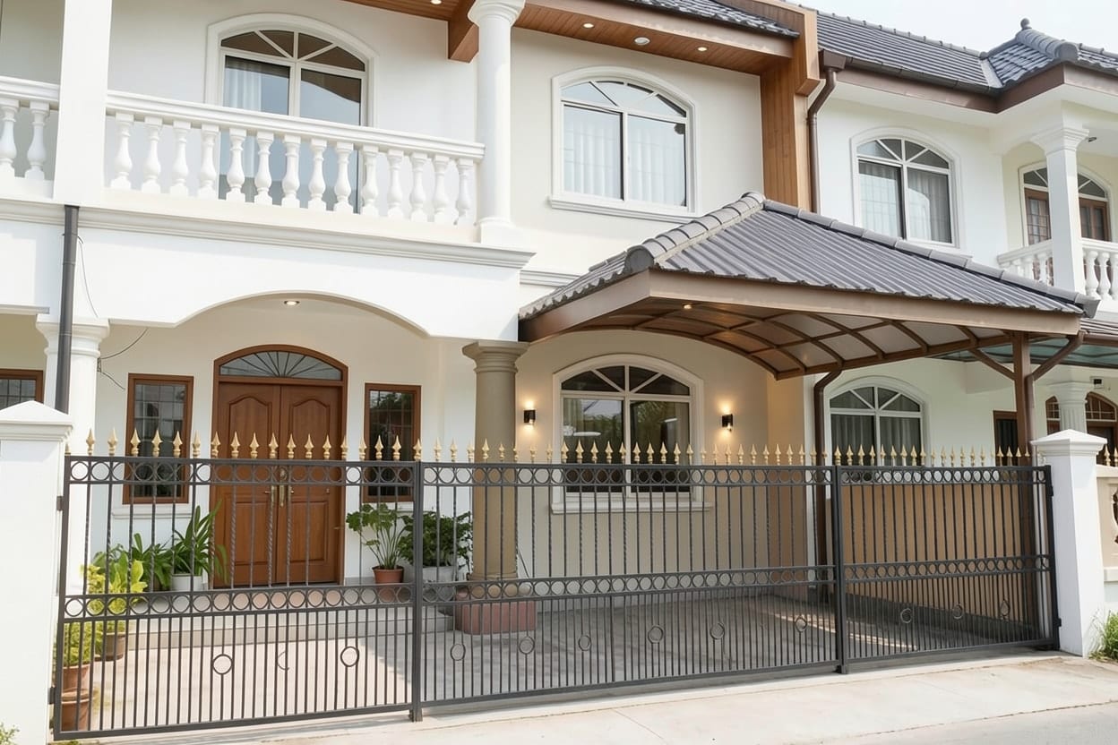 Rumah dua lantai yang sama dalam gaya modern berwarna putih hangat, dengan balkon berbentuk kotak, bidang dinding polos, dan pagar lurus