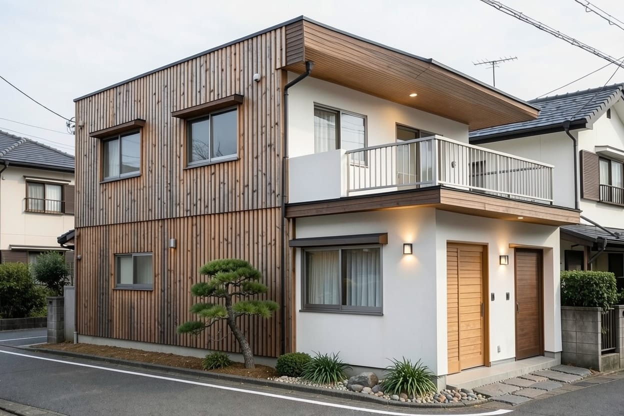 Rumah dua lantai yang sama bergaya minimalis Jepang dengan dinding putih, panel kayu gelap, kerikil, dan pohon kecil di depan