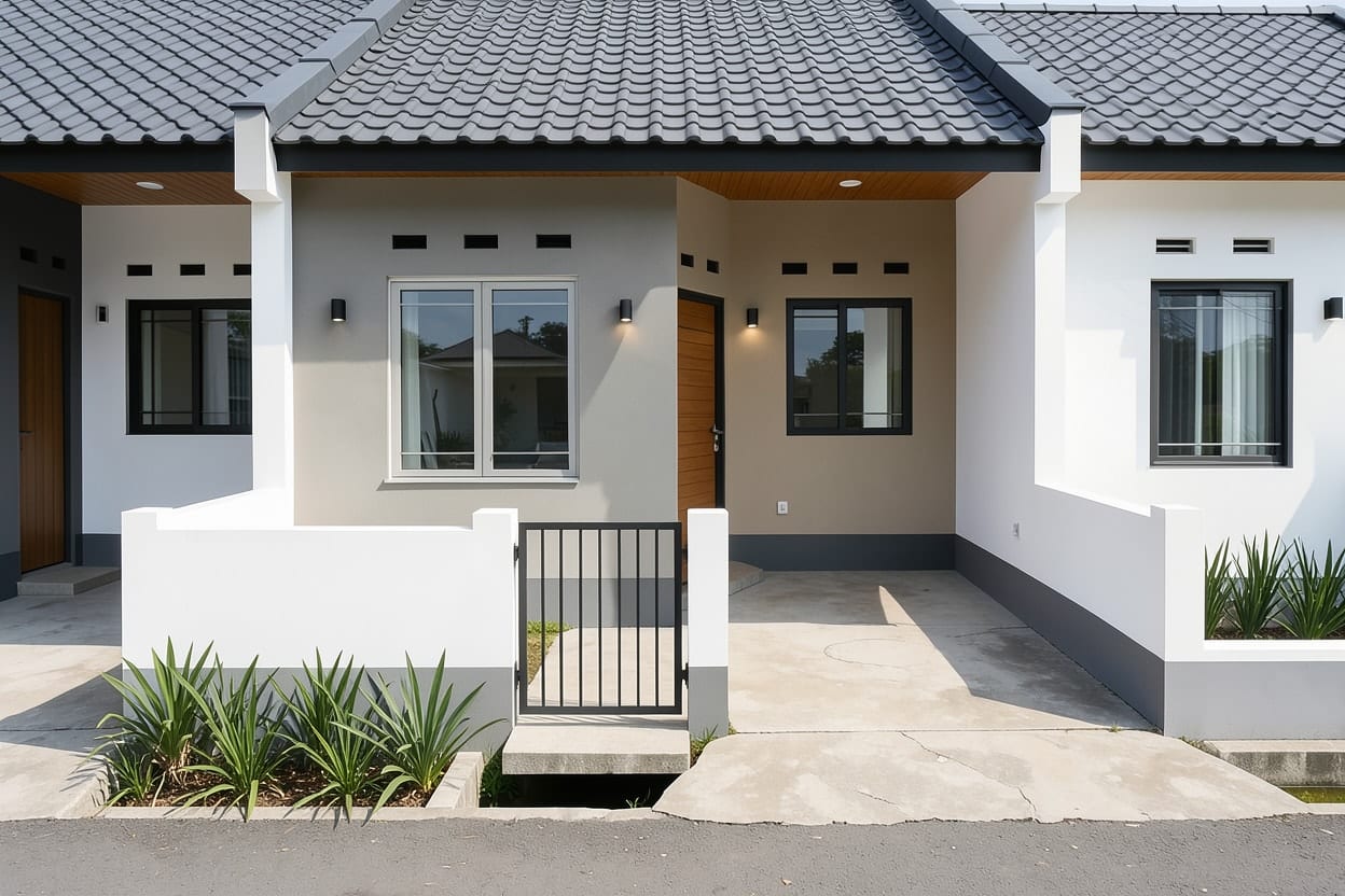Rumah type 36 yang sama setelah didesain ulang minimalis modern dengan dinding putih dan abu, garis atap rapi, kusen gelap, dan pagar sederhana