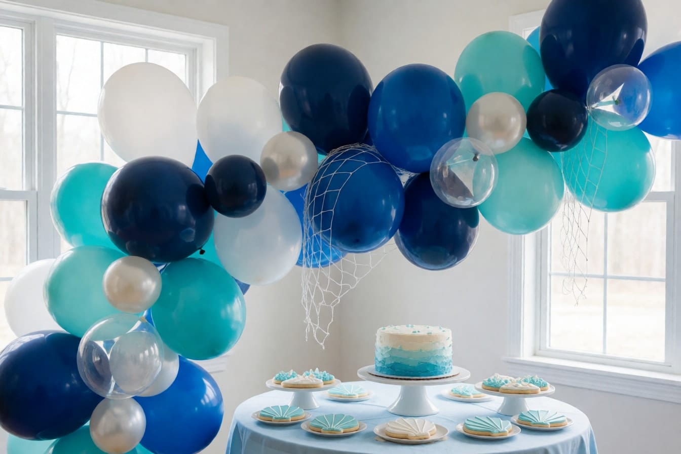 Balloon garland na navy, asul, teal, puti at pearl na may maliliit na clear na lobo sa paligid ng mesang may asul na cake at cookies na hugis kabibe
