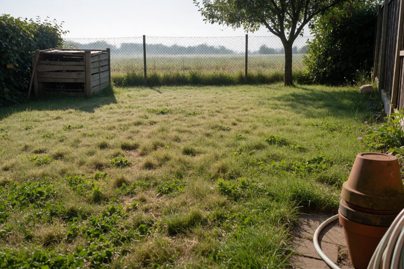 Zonnige, ongebruikte hoek van een gazon met klaver, een vervallen houten compostbak, een fruitboom, lege terracotta potten en een laag gaashek naar een weiland
