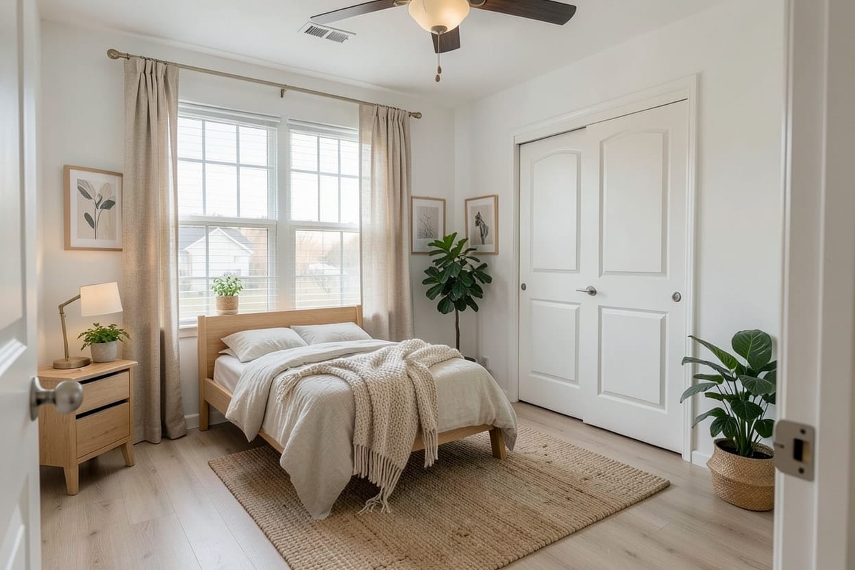 The same bedroom staged in a Scandinavian style with a made bed, bedside furniture, lamps and soft textiles