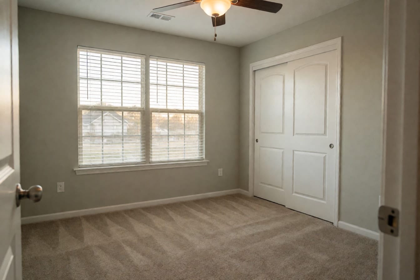 A vacant suburban bedroom with greige walls, beige carpet, a double window and white sliding closet doors