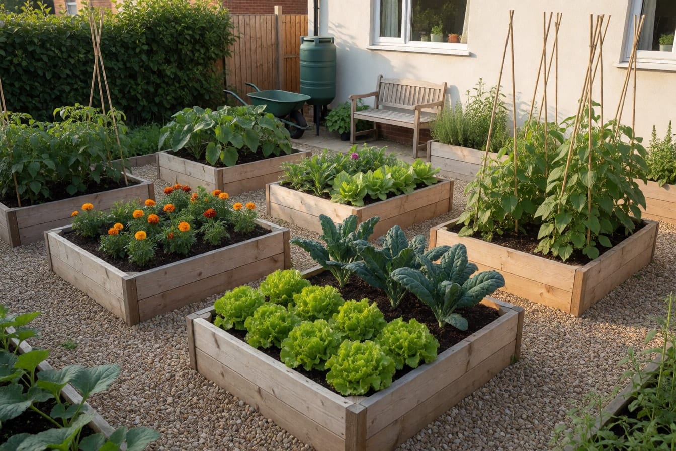 Moestuin met zes houten verhoogde bakken in een raster vol sla, boerenkool, bonen en tomaten, grindpaden, een groene regenton en een houten bankje