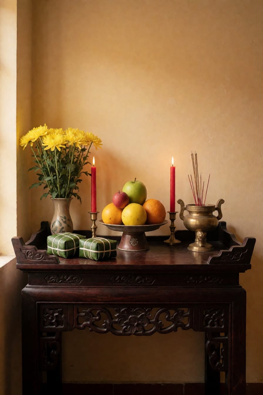 Bàn thờ gia tiên bằng gỗ chạm sẫm màu bày mâm ngũ quả, đôi nến đỏ, lư hương đồng, bình cúc vàng và hai chiếc bánh chưng gói lá dong