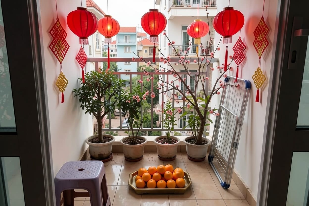 Ban công chung cư nhỏ đó sau khi Renova trang trí Tết với đèn lồng đỏ, cây cảnh và sắc hoa xuân