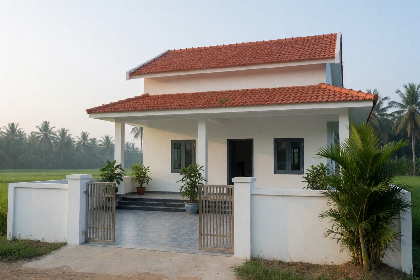 Nhà 2 tầng ở nông thôn Việt Nam, tường trắng, mái ngói đỏ, hiên rộng cột vuông, sân gạch có cây cau và cổng sắt