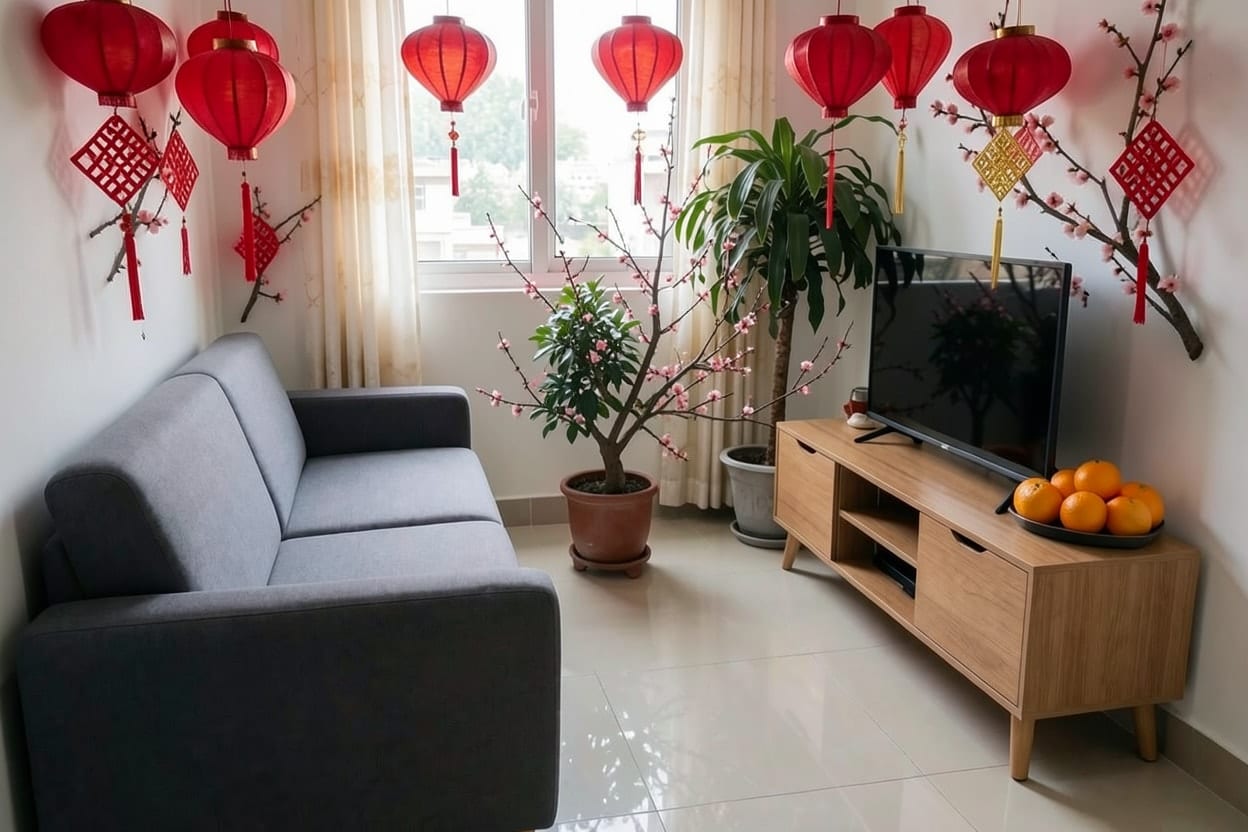 Cùng góc phòng khách đó sau khi trang trí Tết bằng Renova, sofa và kệ tivi giữ nguyên, thêm đèn lồng đỏ, hoa mai đào và quất
