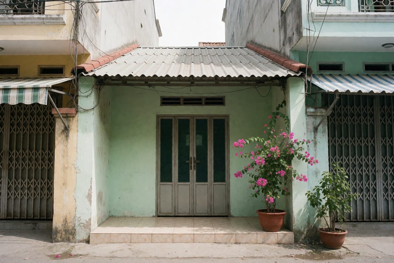 Nhà ống 1 tầng sơn xanh nhạt đã phai, mái tôn, cửa xếp sắt kính và chậu hoa giấy, nằm giữa hai nhà cao hơn