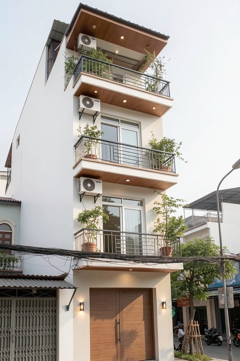 Cùng nhà ống năm tầng sơn tông trắng ấm, lan can đồng bộ ở mọi tầng và lam che cục nóng điều hòa