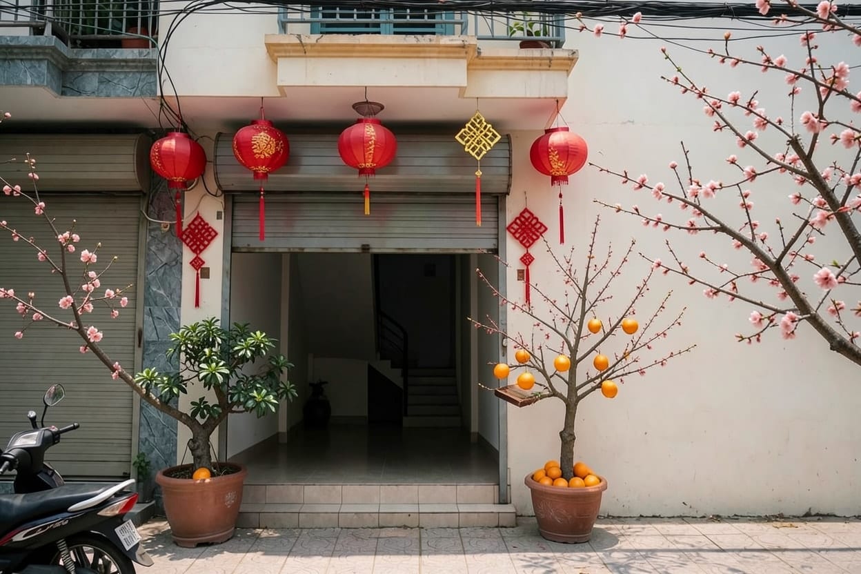 Mặt tiền nhà phố trang trí Tết với đèn lồng đỏ trên lối vào, chậu quất và cành hoa đào bên cửa cuốn